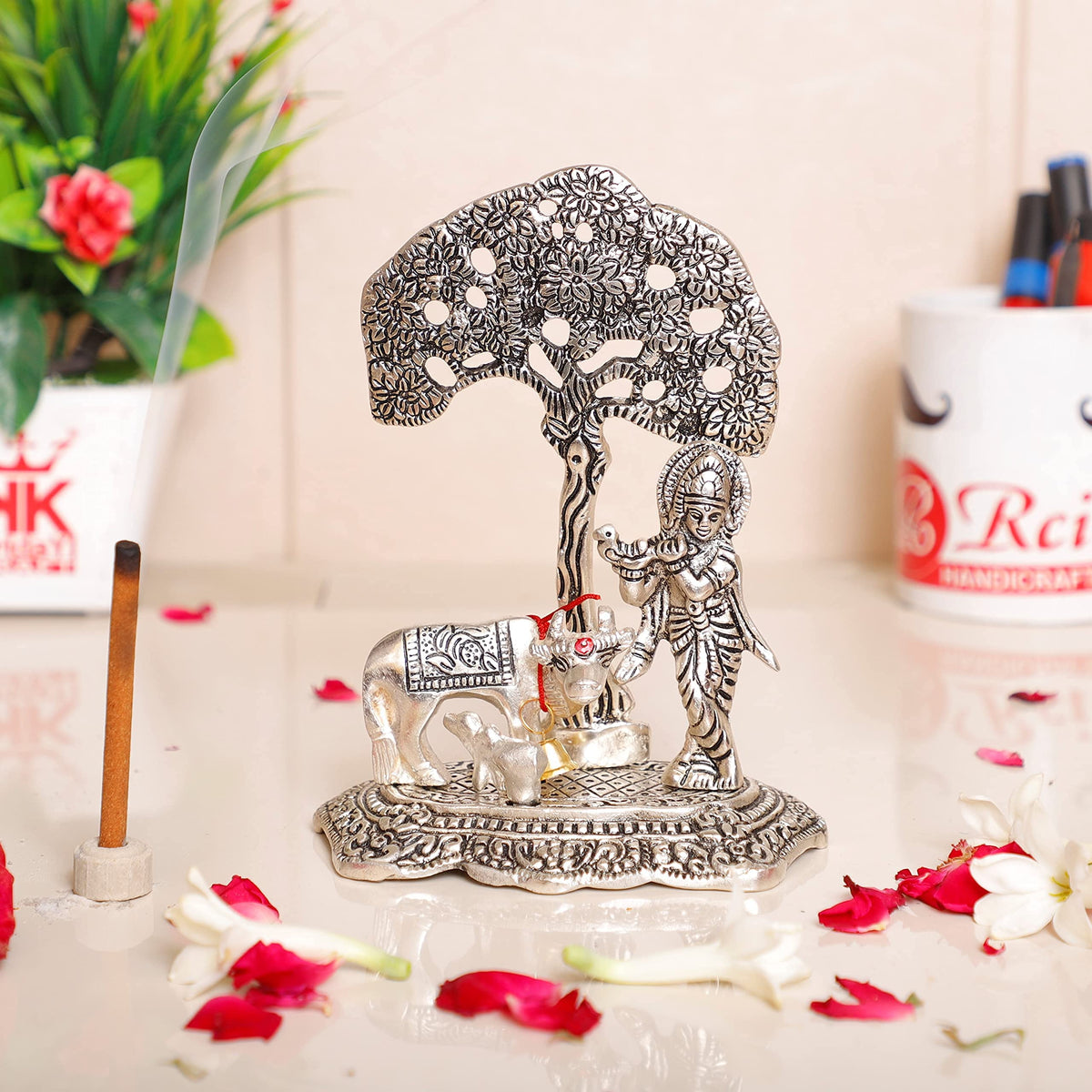 Prince Home Decor & Gifts Aluminum Metal Silver Plating Krishna with Cow Standing Under Tree playing Flute Statue (Silver, 12 x 8 x 17 cm)