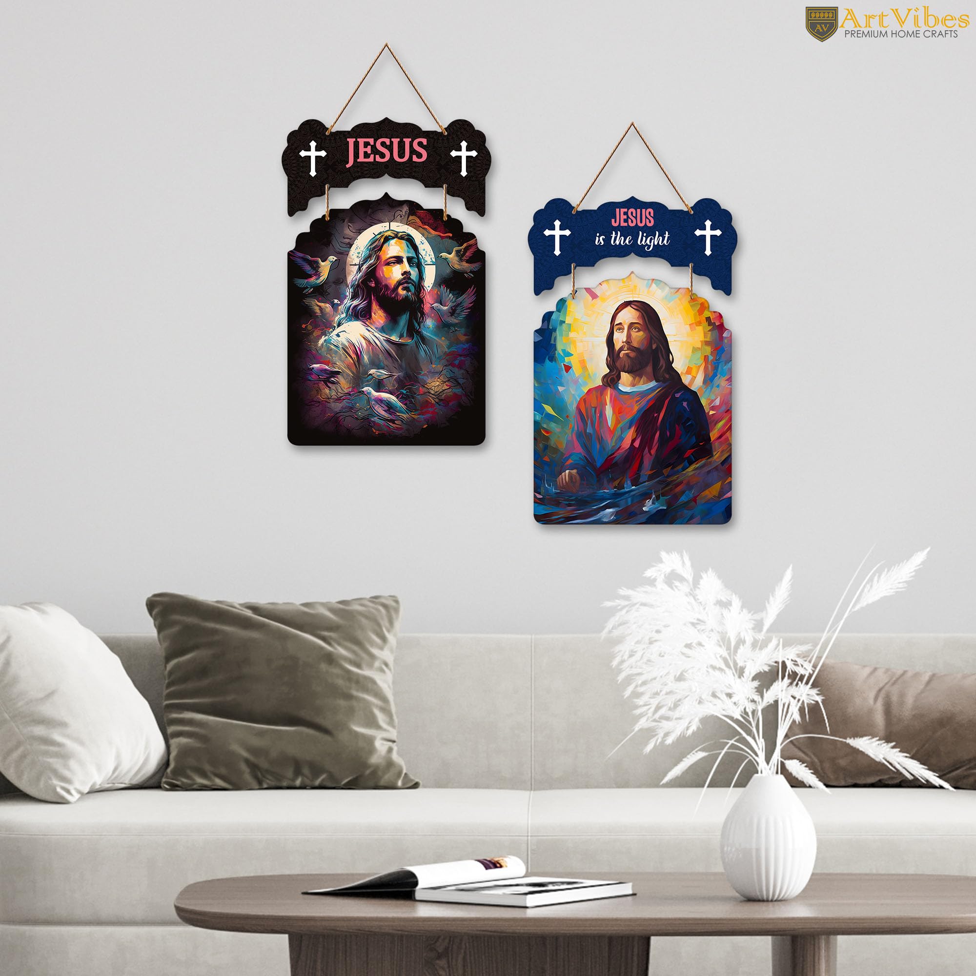 Artvibes Jesus Christ Designer Wooden Wall Hanging Decoration Items for Home Decor | Spiritual Decor Items | Religious Wall Art | Wall Poster | Modern Decor Items | Unique Gift (WH_9203N), Set of 2