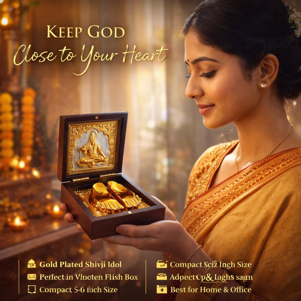 Gold Plated Lord Shivji Idol for Pooja Box | Pocket Temple Shivji with Charan Paduka |Mini Shiva Murti for Home Office Car Dashboard | Pocket Temple Pooja Box |Spiritual Gift Religious Decor for Pooja