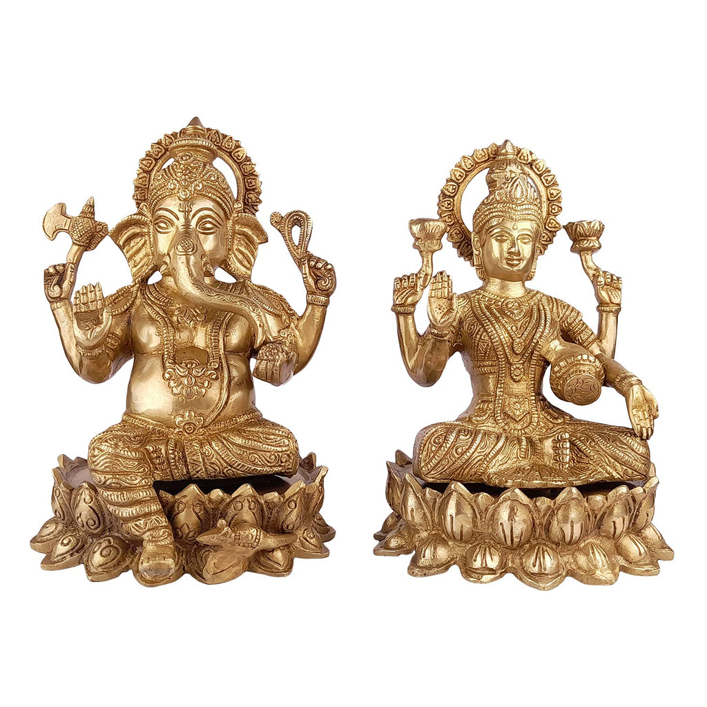 ARTVARKO Big Brass Ganesha Laxmi Ganesh Lakshmi Idol Sitting on Lotus Statue for Home Office Success Entrance Décor Diwali Pooja Good Luck Gift (LxBxH 7x6x9 Inches.)