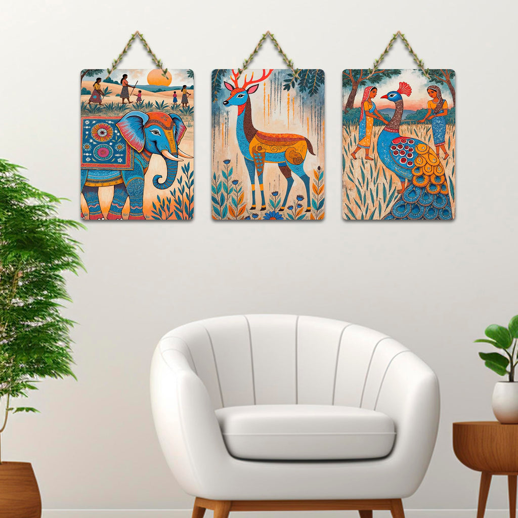 Artvibes Nature Theme for Decoration Wooden Art Decoration Item for Living Room | Room Wall Art | Modern Decor Artwork | Living Room | Cafe | Wall Illustrations | Gift Items (WH_96102N), Set of 3