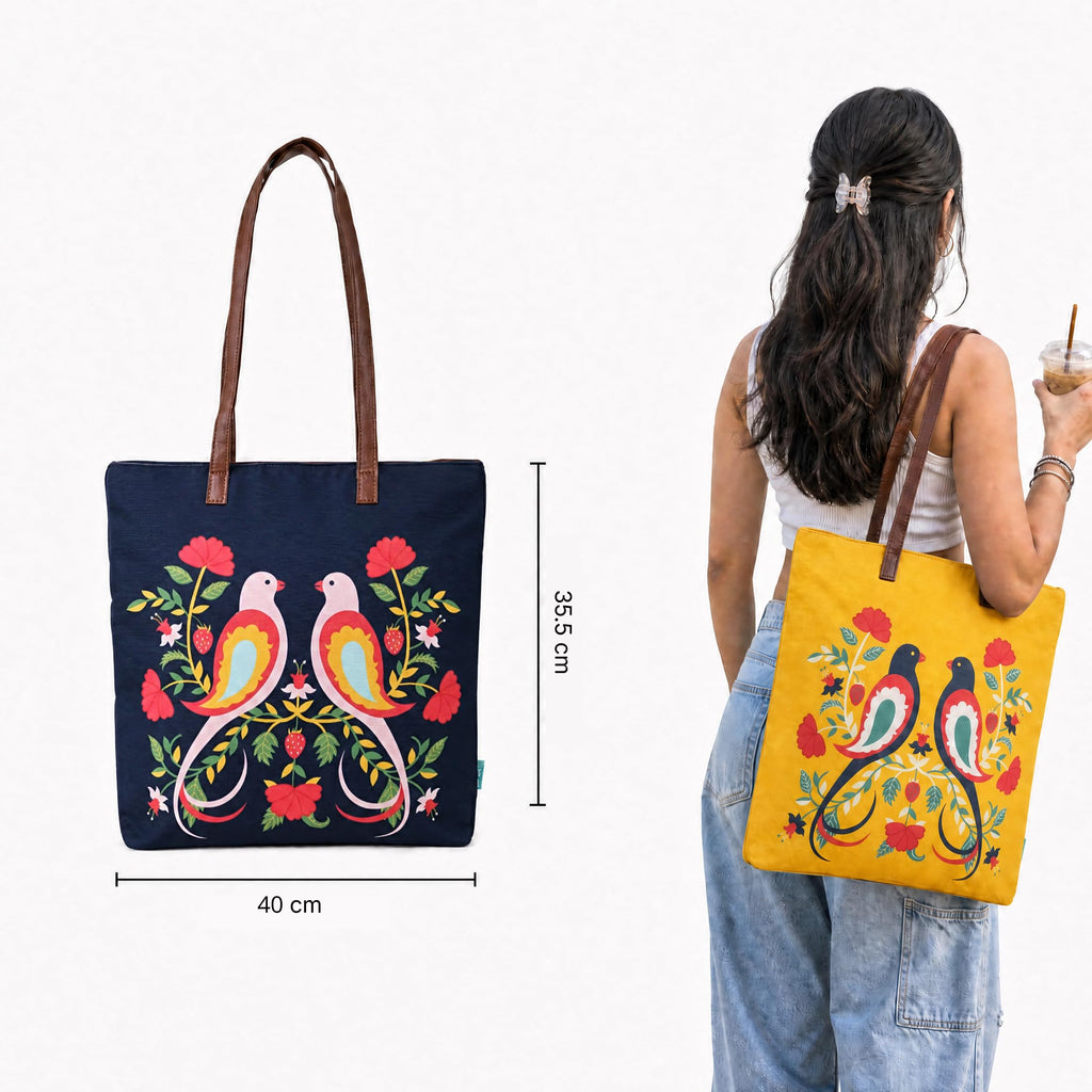 Chumbak Feathered Mates Tote Bag – Canvas Shoulder Bag for Women, Colorful Bird Print, Zipper Closure, Ideal for College, Travel, Office
