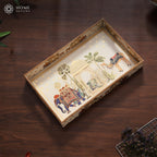 HomeShastra® Wooden Serving Tray with Gold Engraving | Set of 1 | Size : 16 x 10 inch | Enamel Coated Waterproof | Rectangular | Decorative Trays | Royal Camel Large