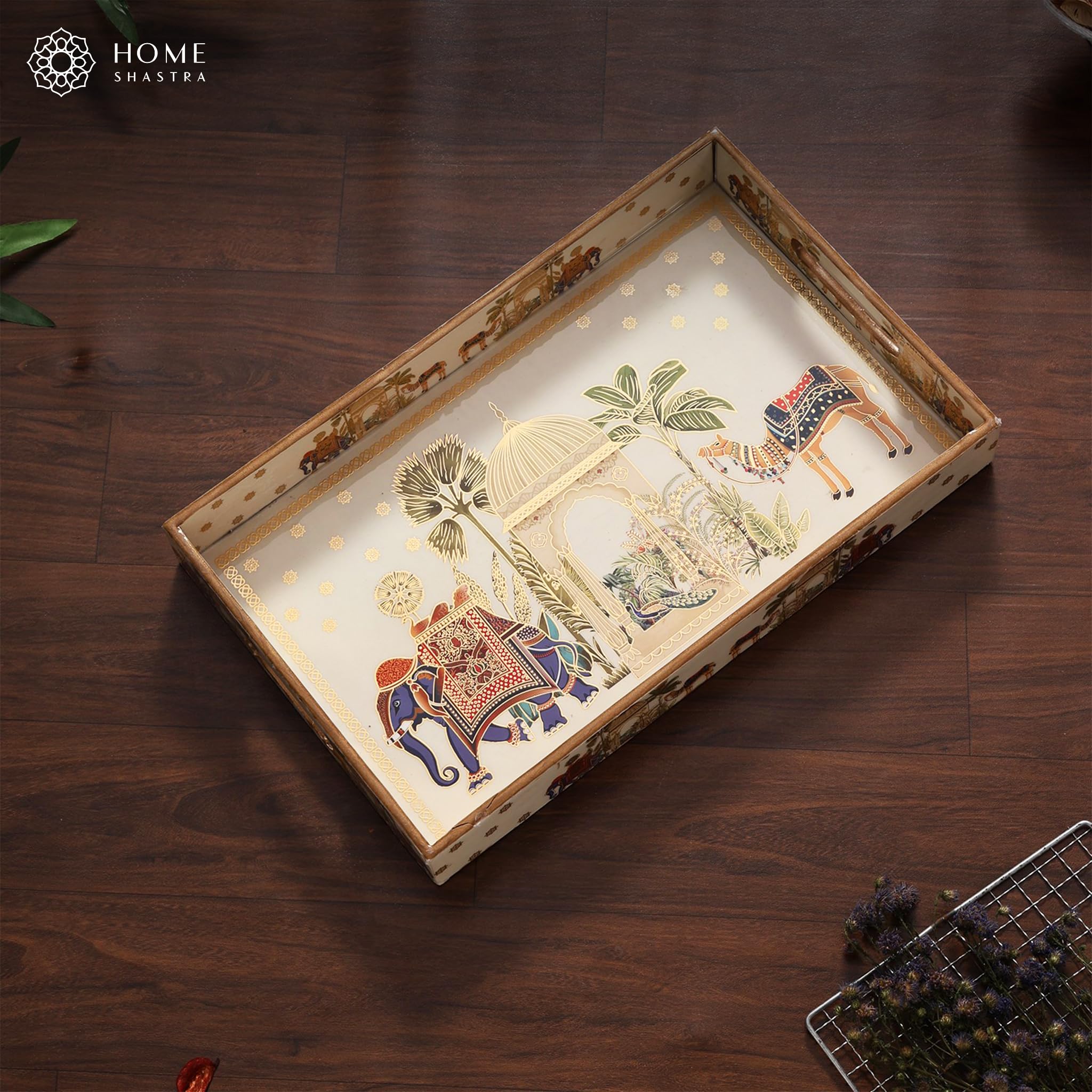 HomeShastra® Wooden Serving Tray with Gold Engraving | Set of 1 | Size : 16 x 10 inch | Enamel Coated Waterproof | Rectangular | Decorative Trays | Royal Camel Large