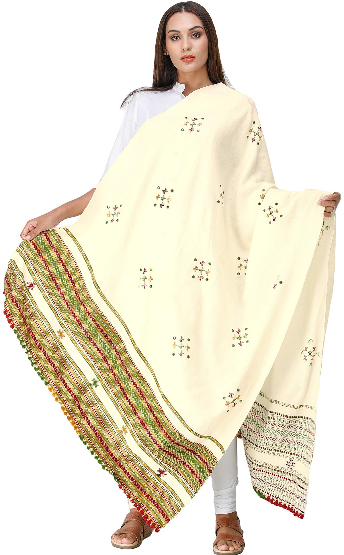 Exotic India Women's Kutch Wool Shawl (SHV95--vanilla-custard)