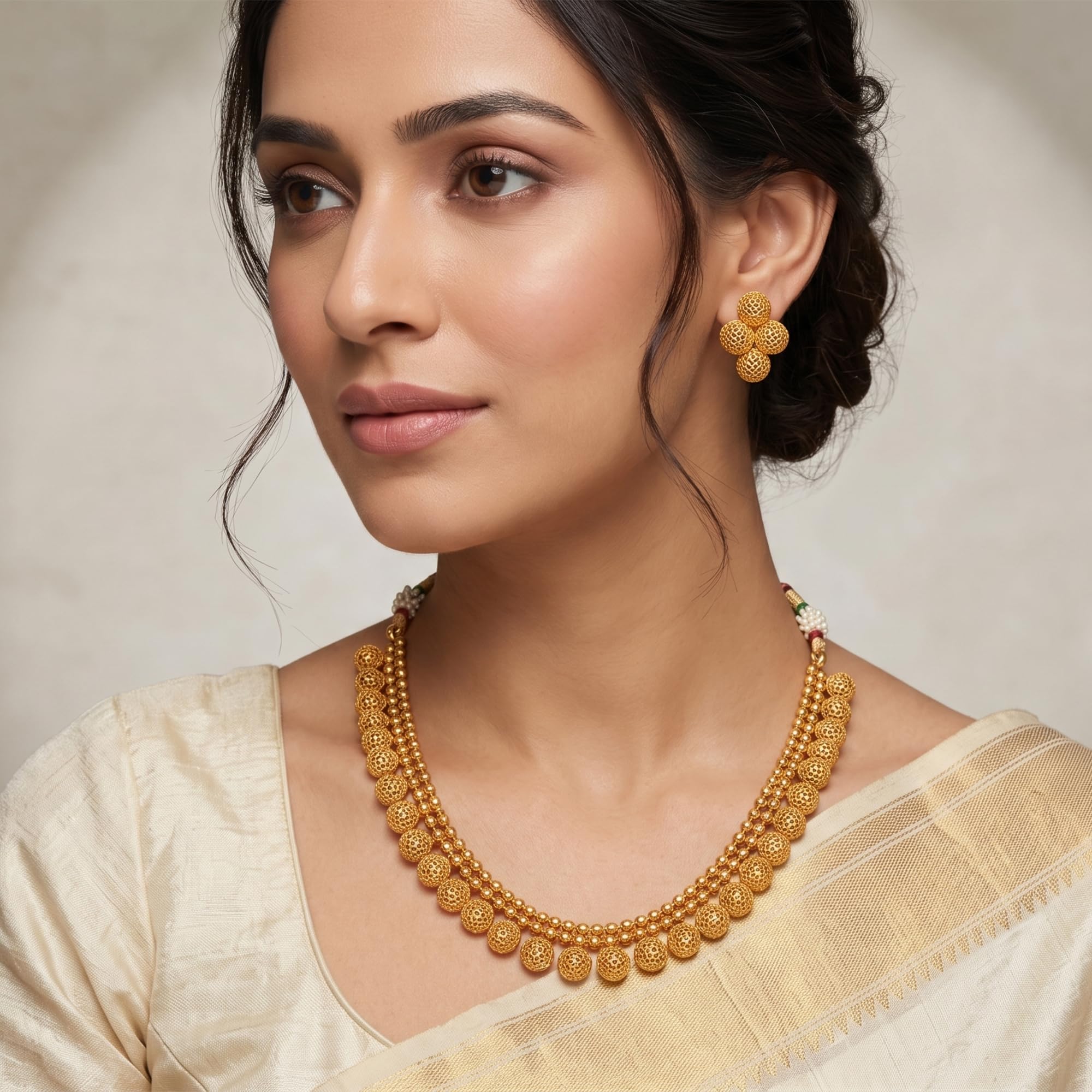 JFL - Jewellery for Less Traditional Gold Plated Filigree Necklace Set for Women | Handmade Ethnic Choker Jewellery Set with Matching Earrings | Wedding, Festive Necklace