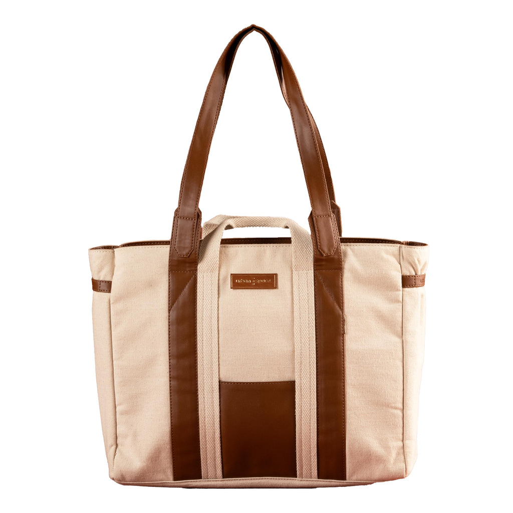 Urban Space Women Tote Bag | Canvas Handbag with Zip closure | Tote Bag for Office | Handcrafted Ladies Shoulder Purse for Office | Laptop bag | Padded Laptop space For Upto 16 - Natural Beige