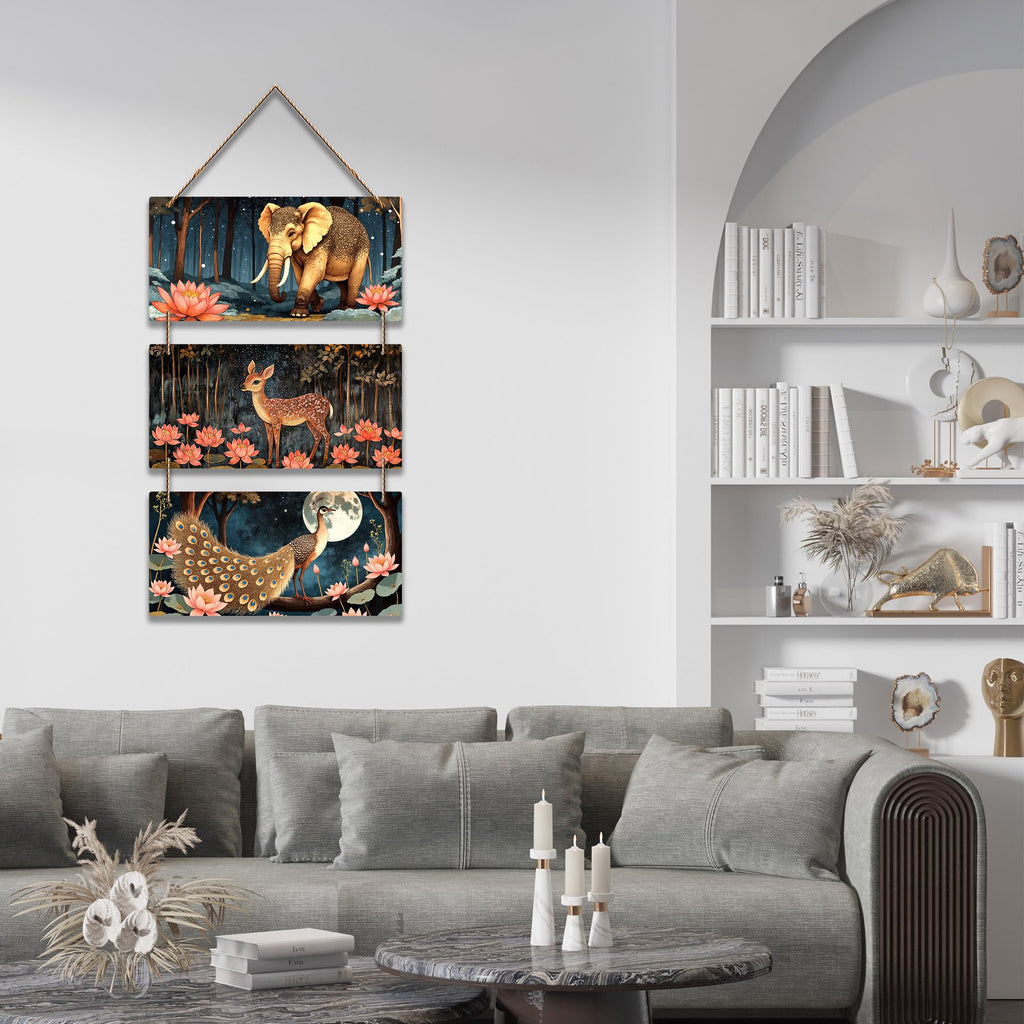 Artvibes Elephant Deer And Peacock Aesthetic Modern Art Decorative Wall Art MDF Wooden Wall Hanger for Living Room | Door Decoration Items | Artwork | Wall Illustrations | Ideal Gifts (WH_9456N)