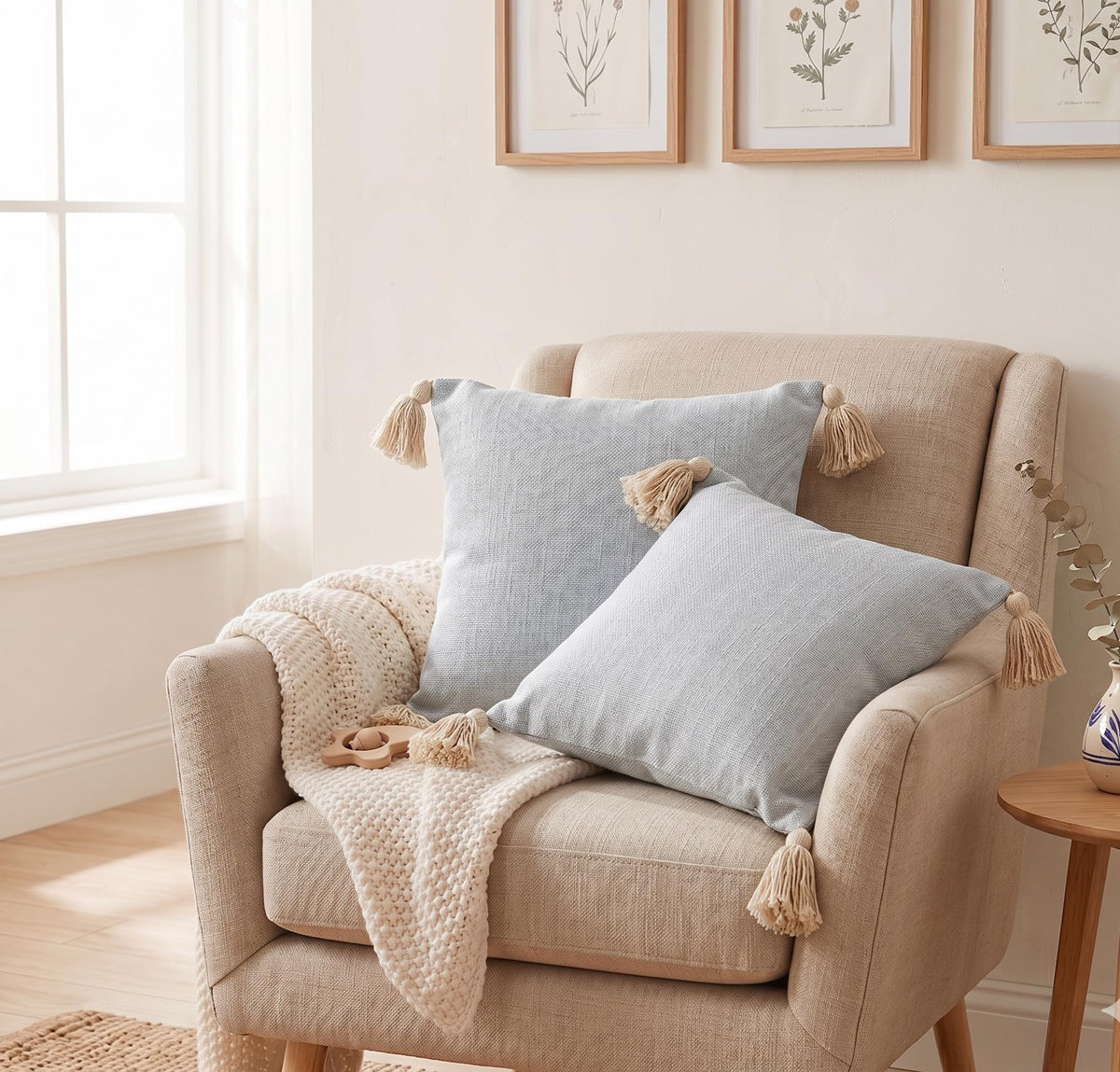 Furnistitchs Solid Boho Cushion Cover 16x16 Inches, Premium Natural Slub Fabric Throw Pillow Case with Tassels for Sofa, Couch, Living Room & Bedroom 40x40 cms, 5 pc - Ethereal Blue