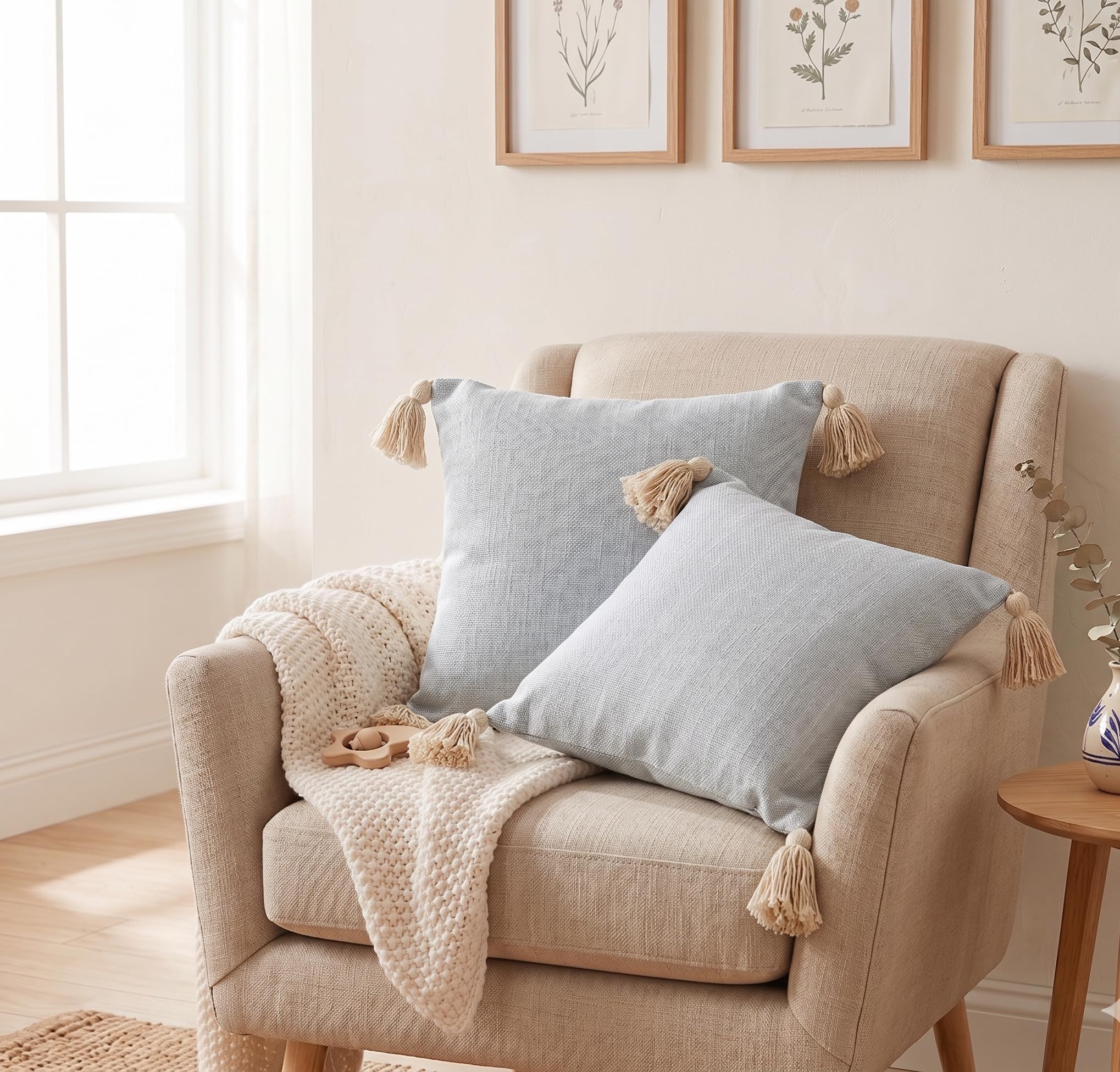 Furnistitchs Solid Boho Cushion Cover 16x16 Inches, Premium Natural Slub Fabric Throw Pillow Case with Tassels for Sofa, Couch, Living Room & Bedroom 40x40 cms, 1 pc - Ethereal Blue
