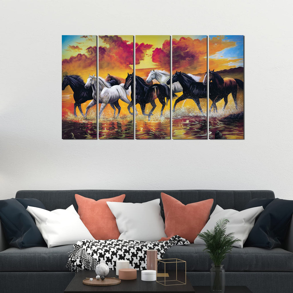 VIBECRAFTS Running Seven Horses 5 Pieces Canvas Wall Painting For Home | Office | Living Room | Gift (PTVC5Pcs4_8522)