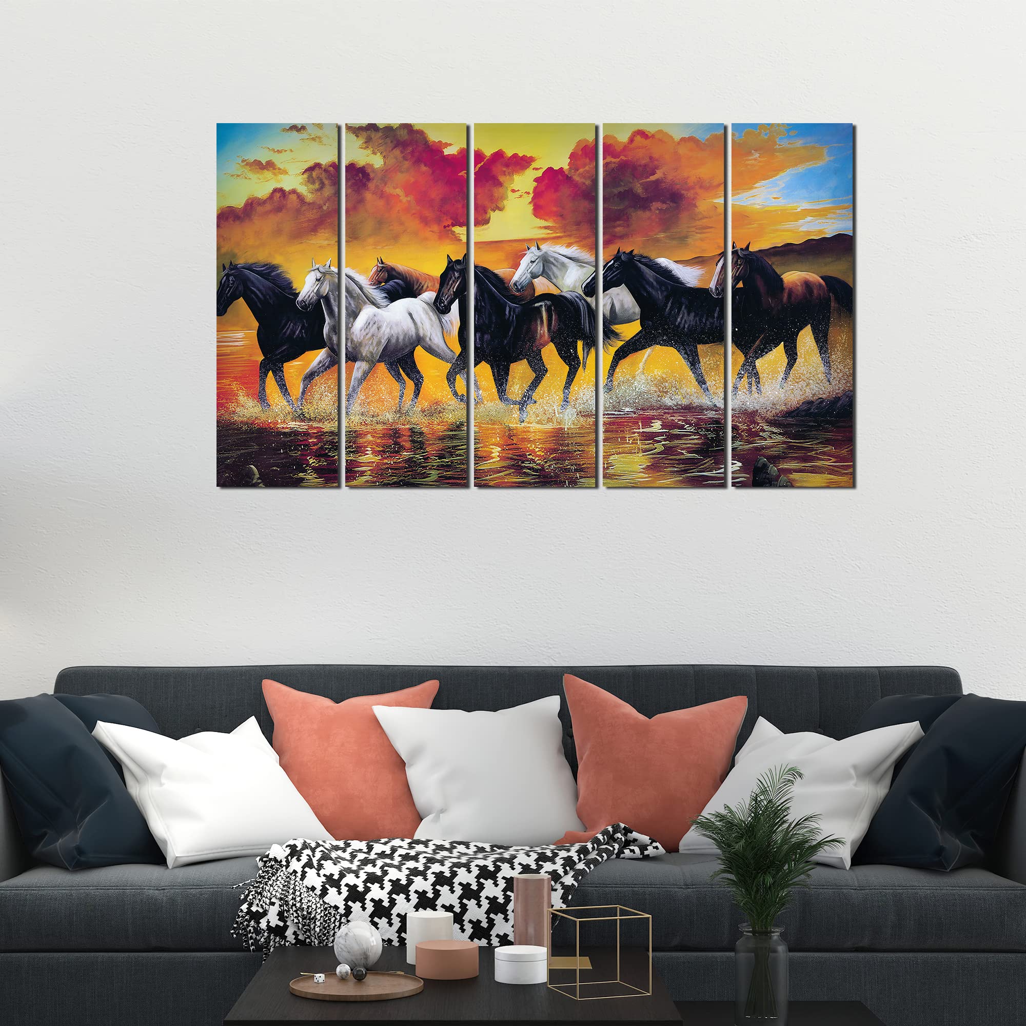 VIBECRAFTS Running Seven Horses 5 Pieces Canvas Wall Painting For Home | Office | Living Room | Gift (PTVC5Pcs4_8522)