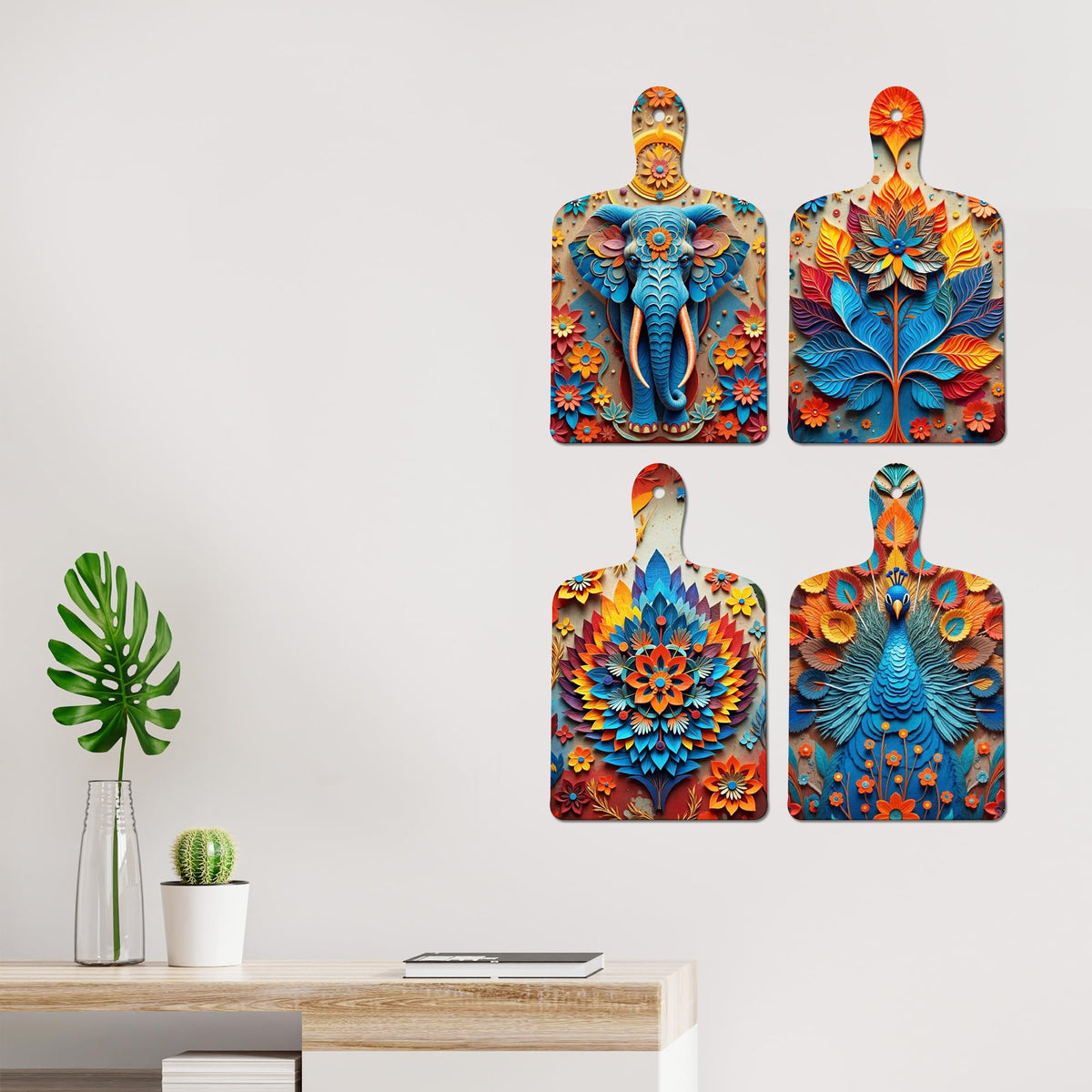 Artvibes Royal Elephant & Peacock Floral Modern Art Decorative Wall Hanging Ornaments | Wall Sculpture | Wood Decorative Items | Modern Decoration | Wall Poster | Unique Gift (WH_5643N), Set of 4
