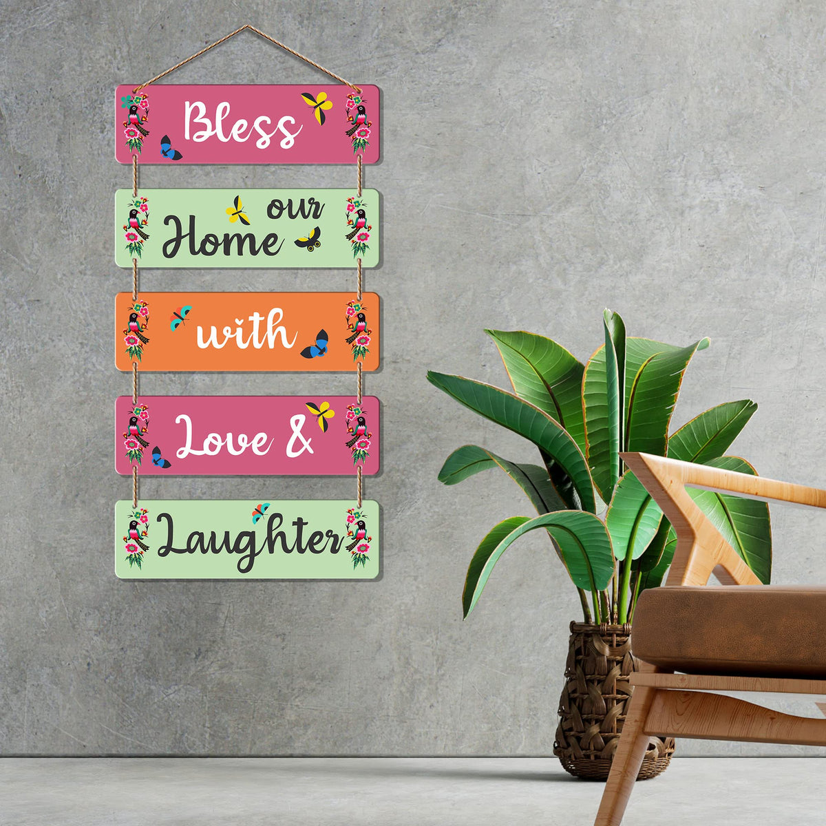 Artvibes Bless Our Home With Laughter Decorative Wall Art MDF Wooden Wall Hanger for Living Room | Quotes Decor Item | Home Quotes Wall Hanging | Modern Decor Items | Wall Poster(WH_6202N)