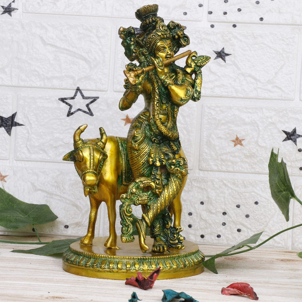ARTVARKO Brass Krishna with Cow Standing Playing Flute Idol Statue Mandir Puja Office Home Décor Gift 10 Inches