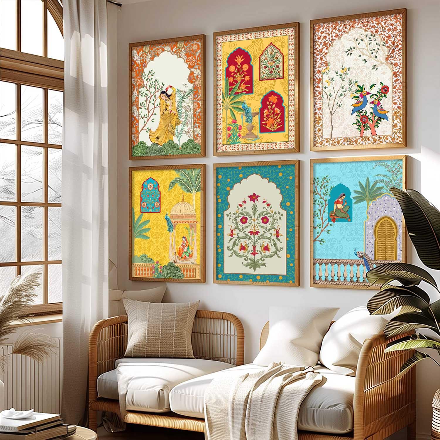 Traditional Indian Wall Art Madhubani Paintings for Living Room|Pichwai Art Painting for Wall Decoration|Framed Wall Painting for Home Room Bedroom Office Wall Décor|set of 6 kafalo