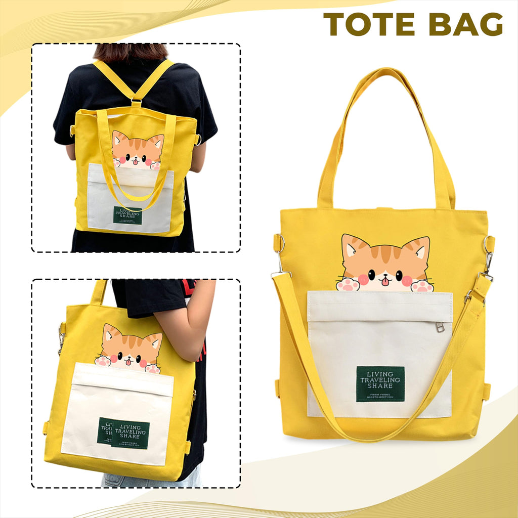 Kraptick Tote Bags – Stylish Shoulder Tote Bag for Everyday Use For Women Compact Reusable Perfect as a Grocery Tote Bag, Shopping Bags for Grocery (Lazy Cat Yellow)