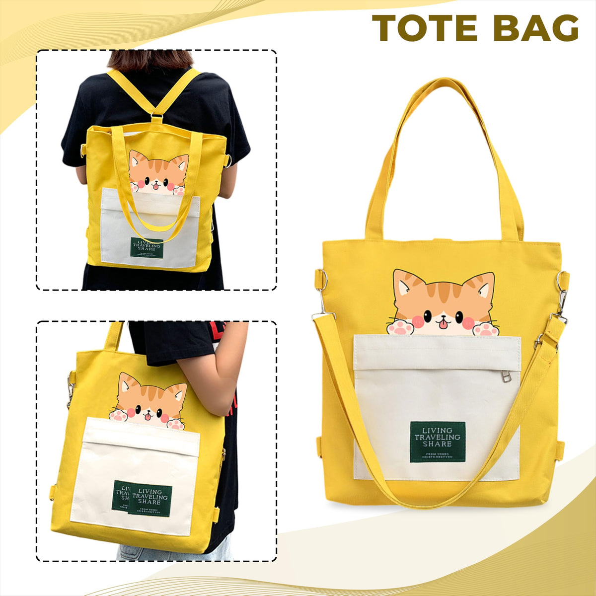 Kraptick Tote Bags – Stylish Shoulder Tote Bag for Everyday Use For Women Compact Reusable Perfect as a Grocery Tote Bag, Shopping Bags for Grocery (Lazy Cat Yellow)