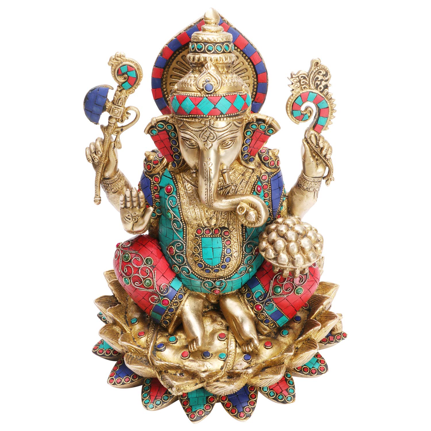 ARTVARKO Large Brass Ganesha Idol Ganpati Ganesh Murti Bhagwan Idol Sitting on Lotus for Home Décor Mandir Height 11 Inches