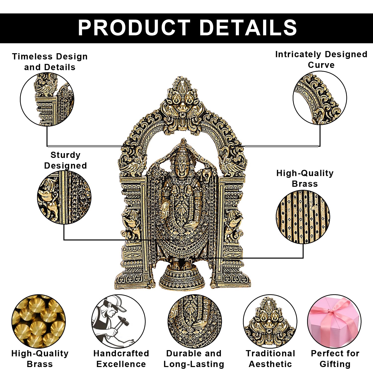 ARTVARKO Brass Tirupati Balaji Venkateshwara Murti Idol Statue Lord Srinivasa Pooja Home Office Temple Decor Gift 6 Inch