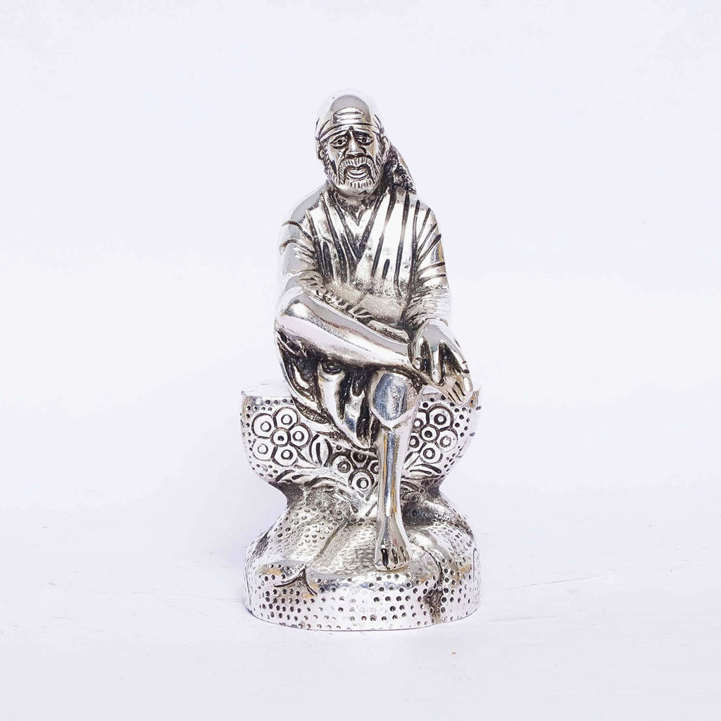Prince Home Decor & Gifts Silver Plated Sai Baba Sitting on Shila Oxidized Shirdi Sai Baba Metal Statue,Sai Baba Idol Murti Showpiece Gift.