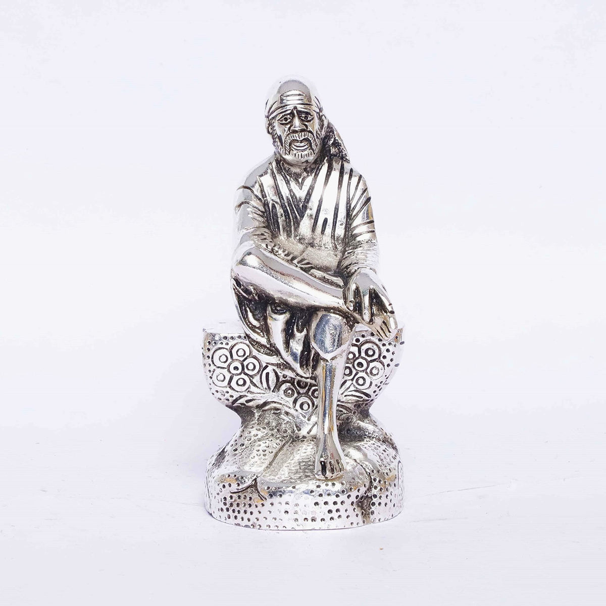 Prince Home Decor & Gifts Silver Plated Sai Baba Sitting on Shila Oxidized Shirdi Sai Baba Metal Statue,Sai Baba Idol Murti Showpiece Gift.