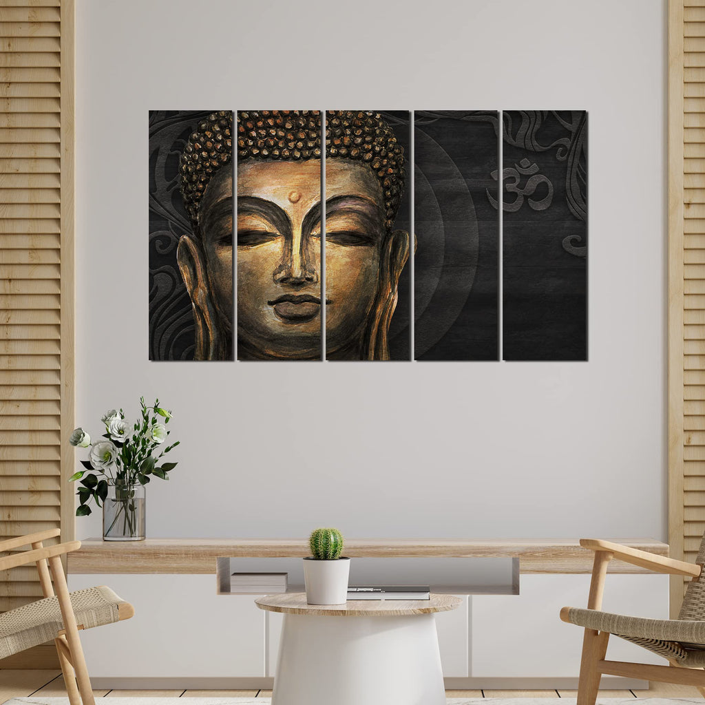 VIBECRAFTS Divine Gautam Buddha Face 5 Pieces Canvas Wall Painting For Home | Office | Living Room | Gift (PTVC5Pcs4_8527)