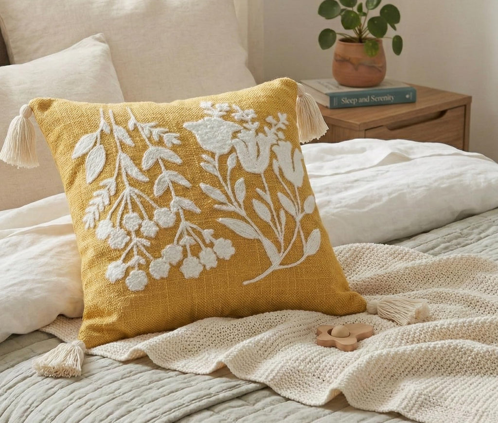 Furnistitchs Handmade Boho Cushion Cover 16x16 Inches Embroidered Slub Cotton Pillow Case with Tassels Decorative Bohemian Throw Cushion for Sofa & Bedroom, 40x40 cm (1, Yellow Sticks)