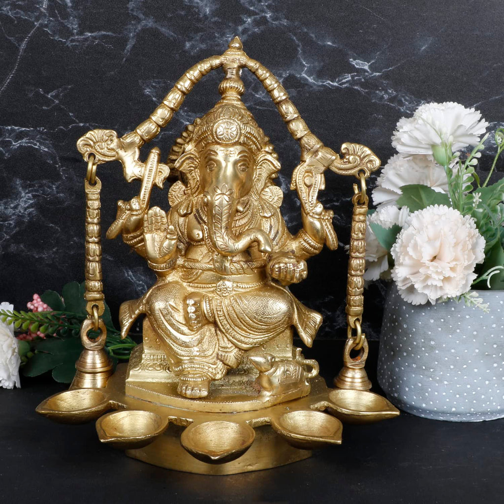 Artvarko Brass Ganesh Idol Ganesha Diya with Hanging Bells 5 Diyas Table Oil lamp Burner Diwali Pooja Home Decor Height 9 Inches