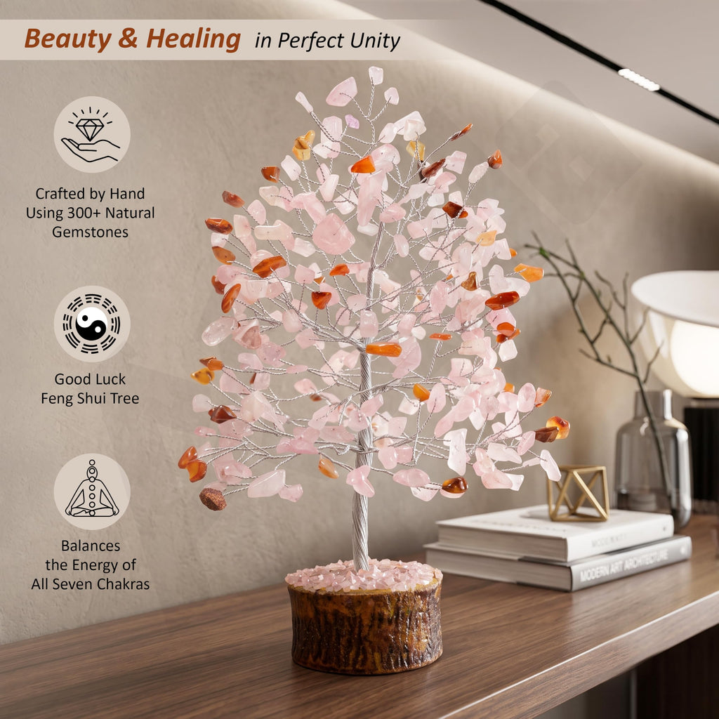 Axilla Natural Rose Quartz Crystal Tree with Wooden Base | Heart Chakra Healing Pink Stone Tree of Life | Feng Shui Romantic Room Decor & Positive Energy Good Luck Gift for Couples