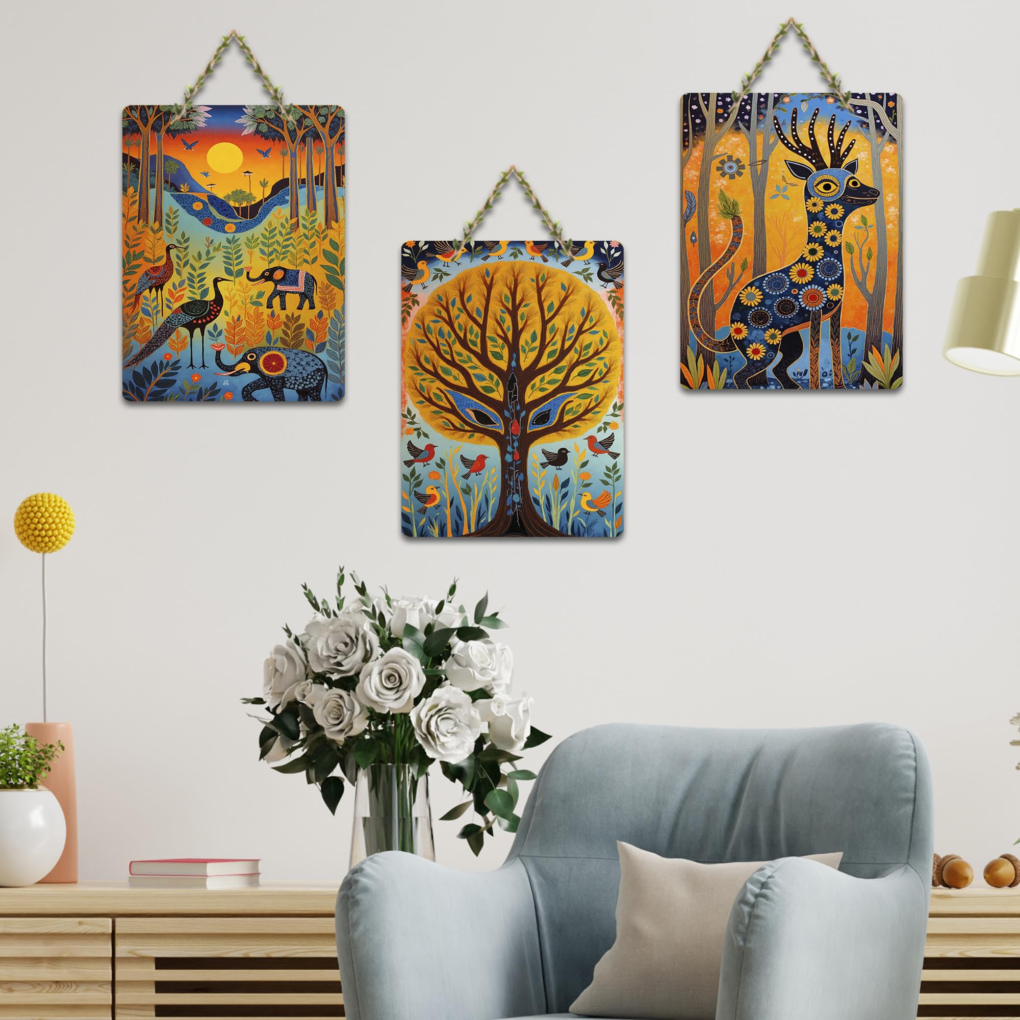 Artvibes Tribal Forest Decorative Wall Art MDF Wooden Wall Hanger for Living Room | Festive Decor Art | Artwork | Aesthetic Wooden Decor | Paintings For Wall | Unique Gift Items (WH_9675N), Set of 3