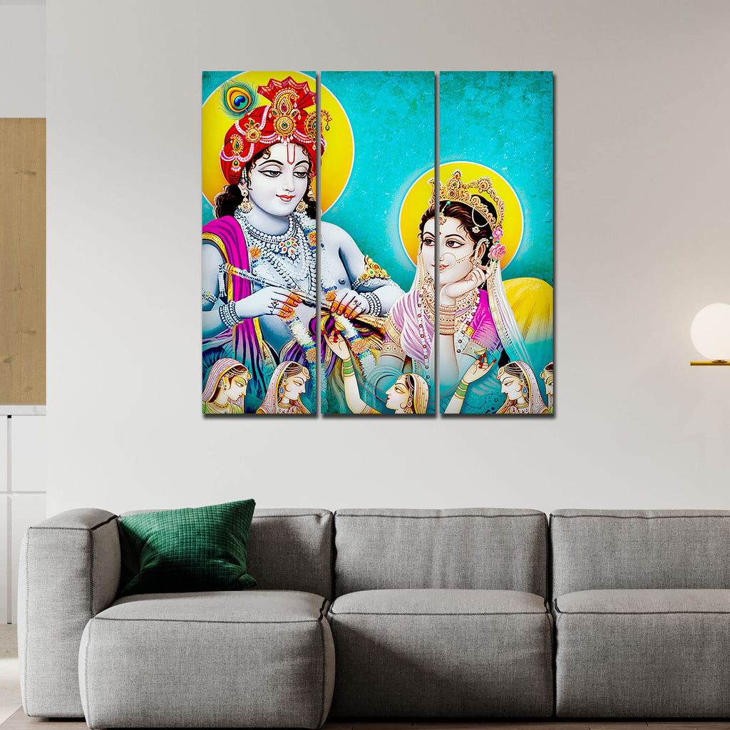 VIBECRAFTS Beautiful Radha Krishna 3 Pieces Canvas Wall Painting Fitted With Wooden Frame For Home | Office | Living Room | Gifts (PTVC3Pcs1_9541)