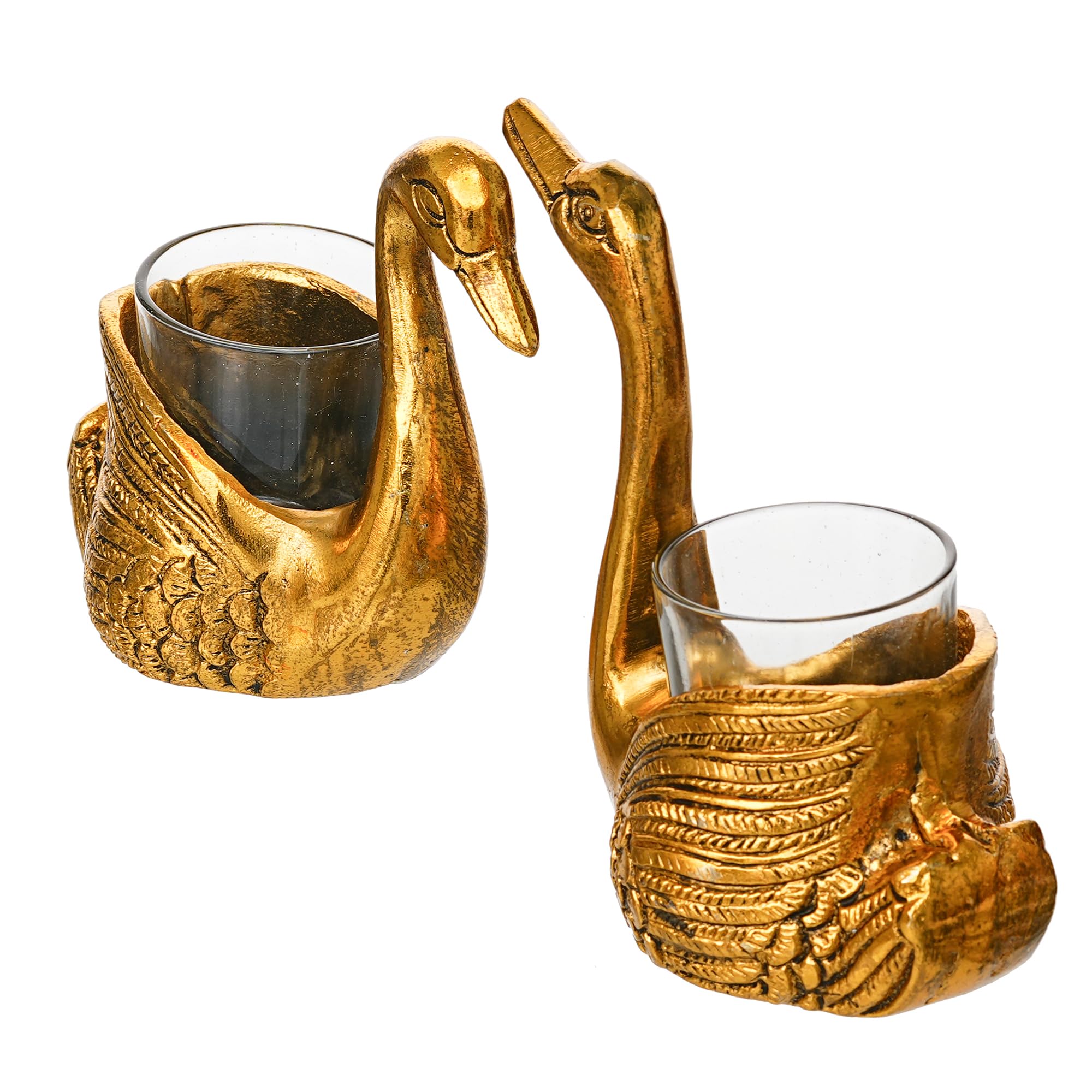 Webelkart Premium Golden Swan Tealight Candle Holder Set of 2 with Glass Cups | Decorative Metal Bird Candle Stand for Home Decor, Table Centerpiece & Romantic Gifting Duck Pair Set