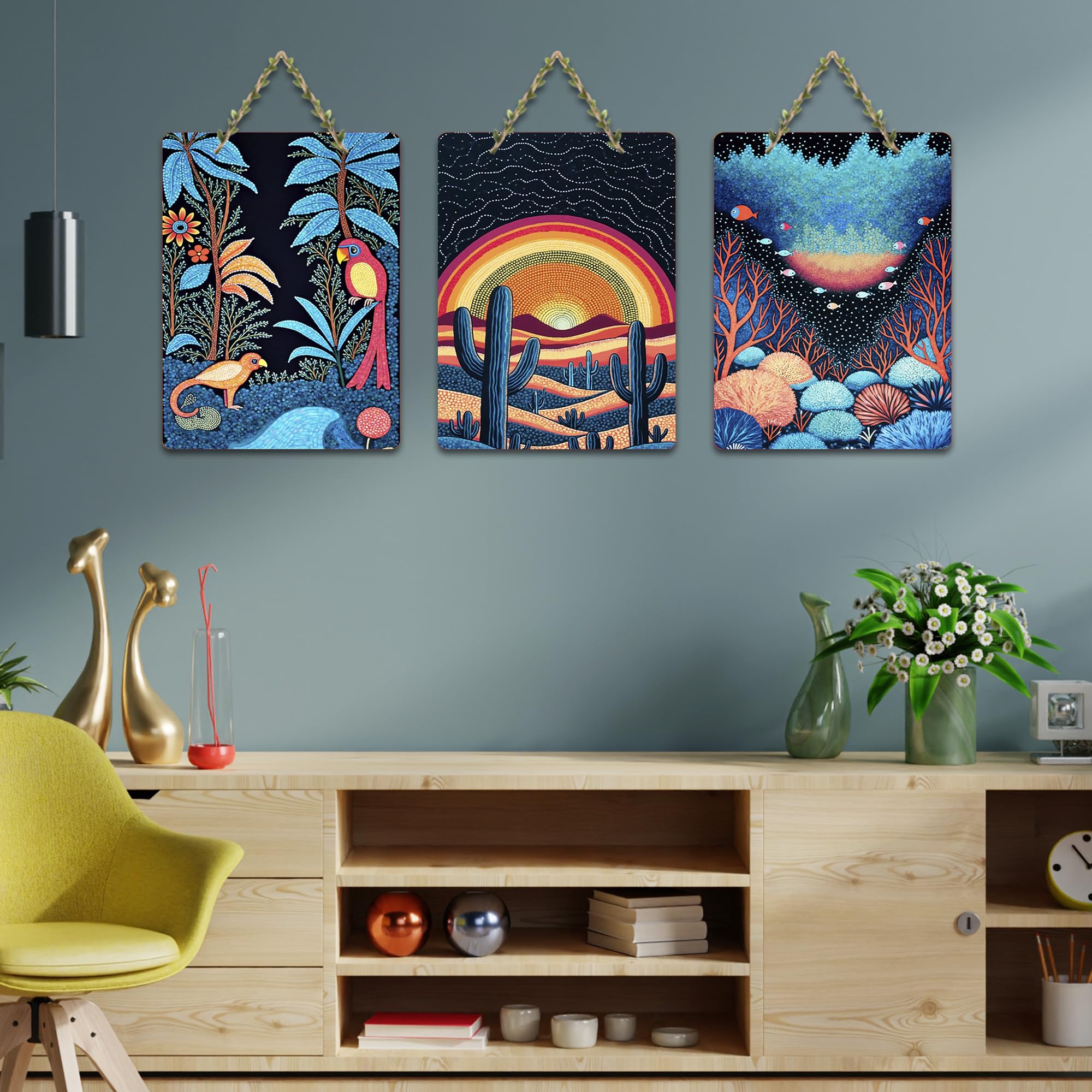 Artvibes Colorful Nature Decoration Decorative Wall Hanging Ornaments | Living Room | Office | Wall Art Painting For Hall | Graphic Artwork | Wall Art Print | Unique Gift Items (WH_9612N), Set of 3