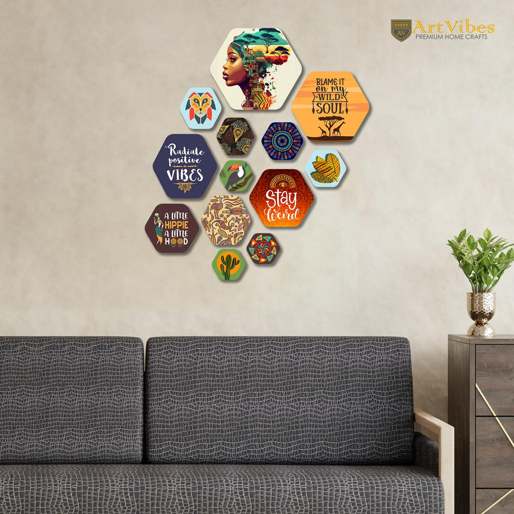 Artvibes Radiate Positive Vibes Hexagon Shape MDF Wooden Wall Decor Items | Quotes Decor Item | Wall Illustrations | Office Decoration Item | Wall Art Print | Inspirational quotes(WPS_207N), Set of 13