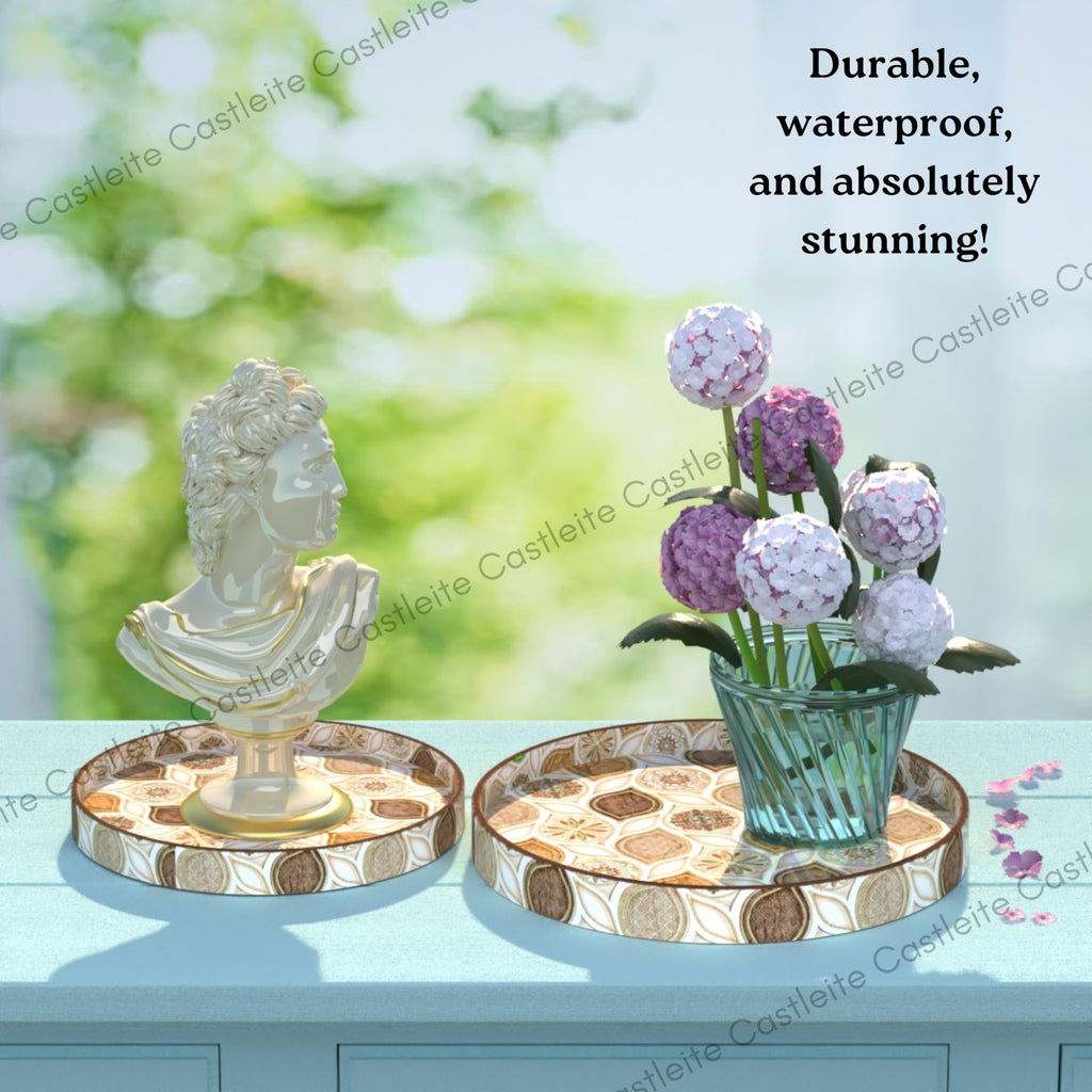 Castleite Ember Decorative Round Wooden Tray Set of 2 Handcrafted Trays for Serving, Use in Kitchen, Dining Table, Decor or Storage - Epoxy Resin Coated - Large, Small (Hanayaka)
