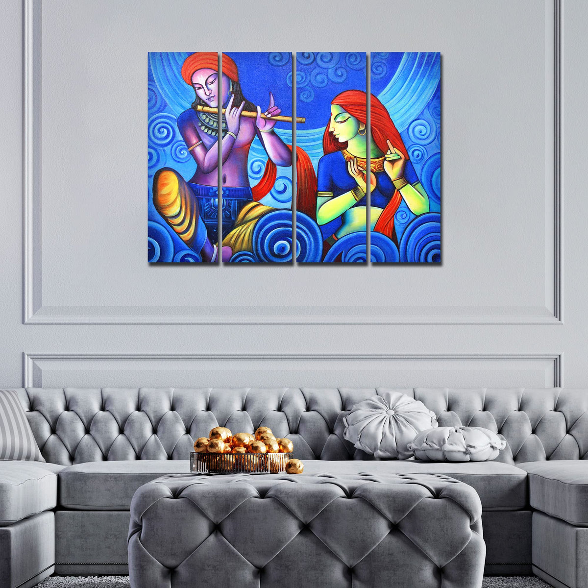 VIBECRAFTS Shree Radha Krishna With Flute 4 Pieces Canvas Wall Painting Fitted With Wooden Frame For Home | Office | Living Room | Gift(PTVC4Pcs1_13514)