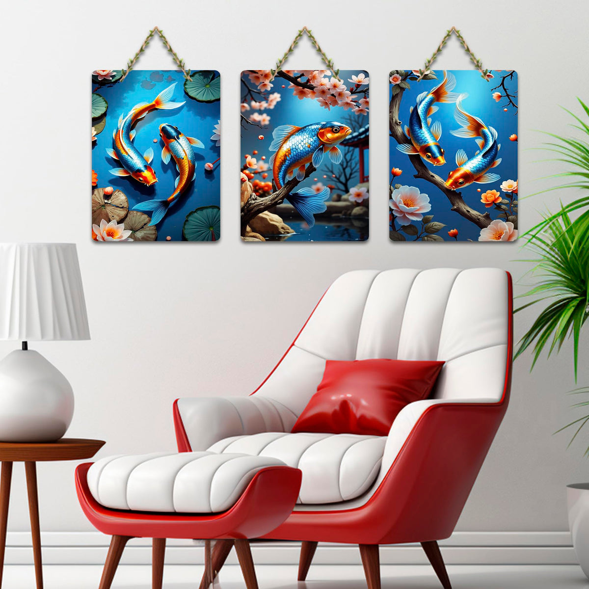 Artvibes Water Lily And Koi Fish Decorative Wall Art MDF Wooden Wall Hanger for Home | Room Wall Art | Modern Decor Artwork | Living Room | Cafe | Wall Art Print | Gift Items (WH_9656N), Set of 3