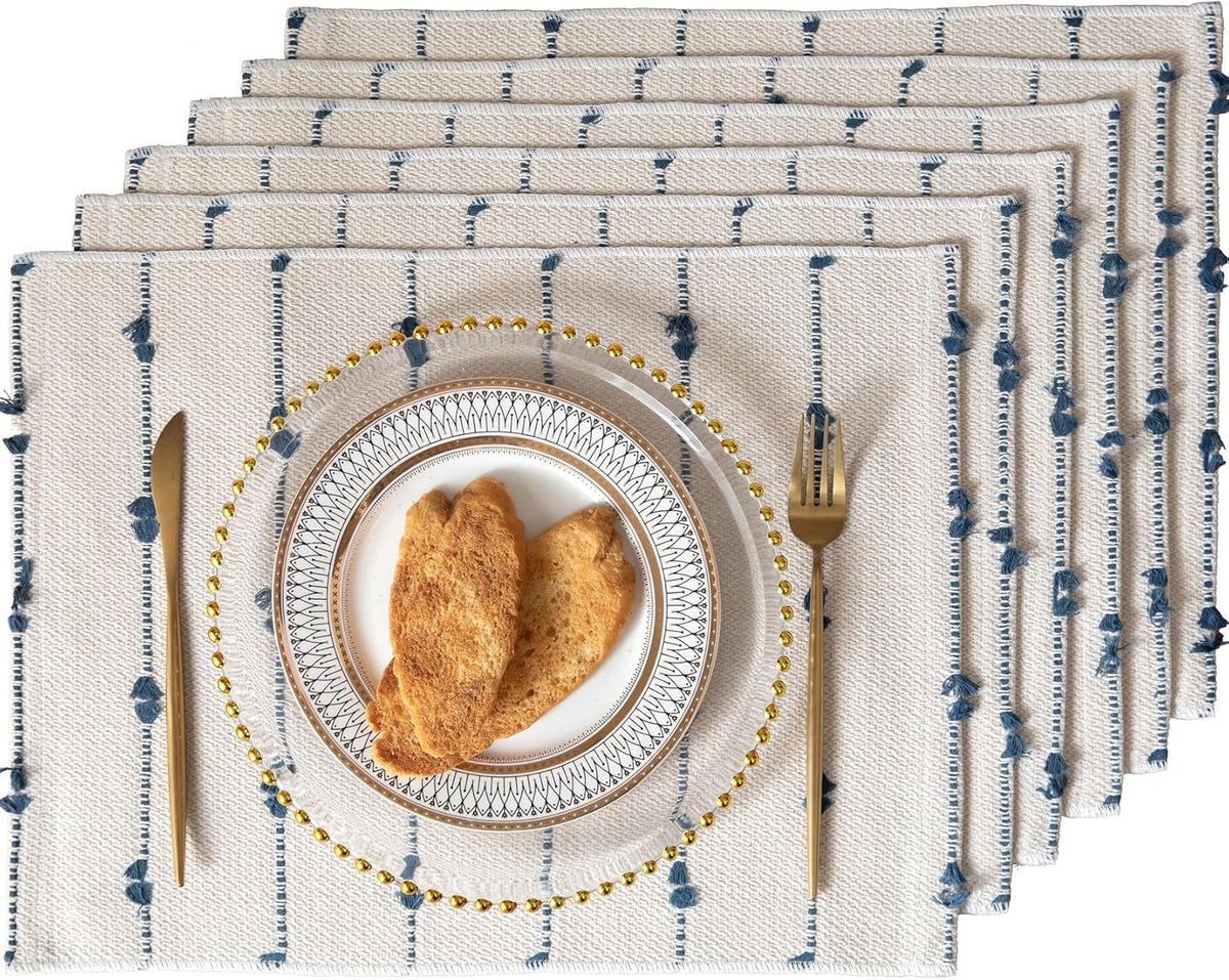 ALSTONIA Handmade Cotton Dining Table Placemats | Heat Resistant Dining Table Place Mats |Kitchen Tabletop|Kitchen Coffee Center Table & Eating Areas (Blue & White, 6 Pcs Placemats) Kafalo