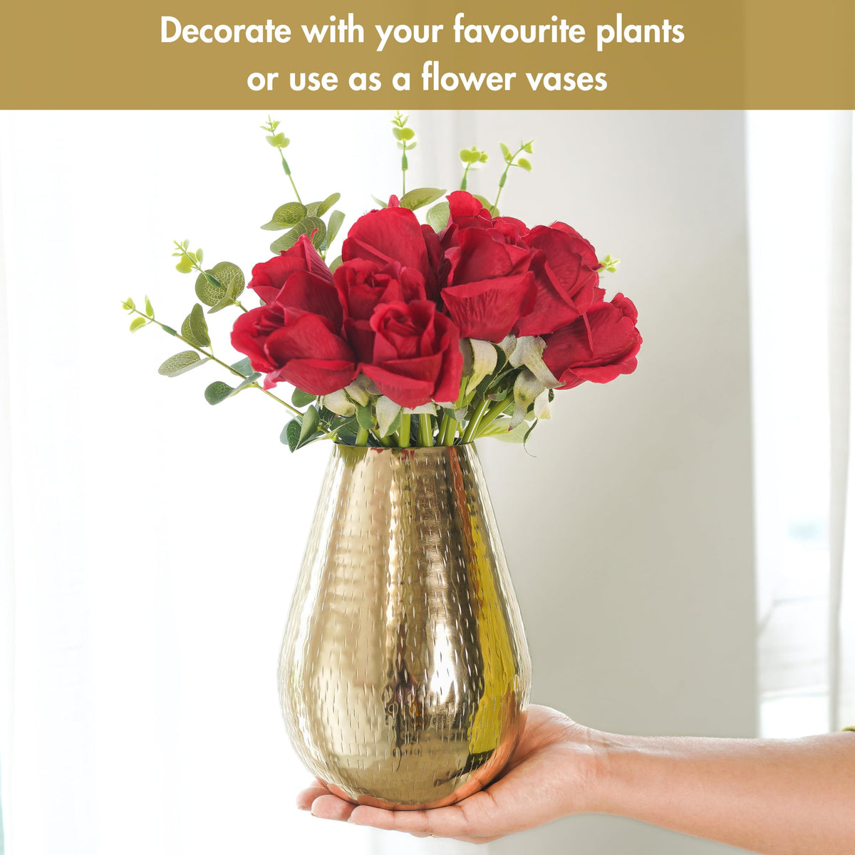 BEHOMA Drop Shape Metal Hammered Flower Vase, Golden - 1Pcs
