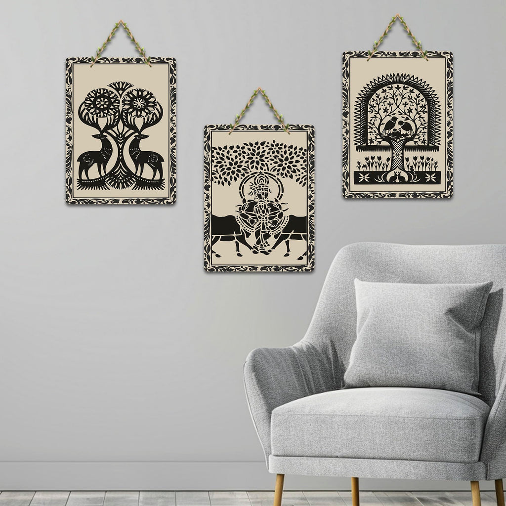 Artvibes Artistic Animal Theme Wooden Art Decoration Item for Living Room | Modern Decoration Items | Handcrafted Art | Aesthetic Wooden Decor | Artworks Hangings | Gift Items (WH_9696N), Set of 3