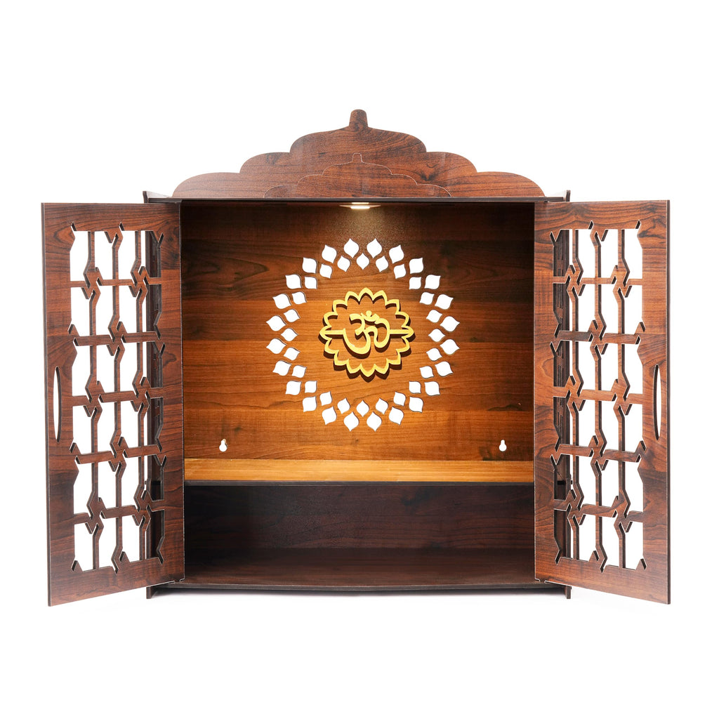 Pixie Daisy Wooden Wall Mounted Pooja Mandir with Jaali Doors | Home Temple with LED Light & Golden Om Design | Wooden Temple Cabinet for Home, Office & Gifting