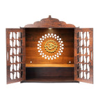 Pixie Daisy Wooden Wall Mounted Pooja Mandir with Jaali Doors | Home Temple with LED Light & Golden Om Design | Wooden Temple Cabinet for Home, Office & Gifting