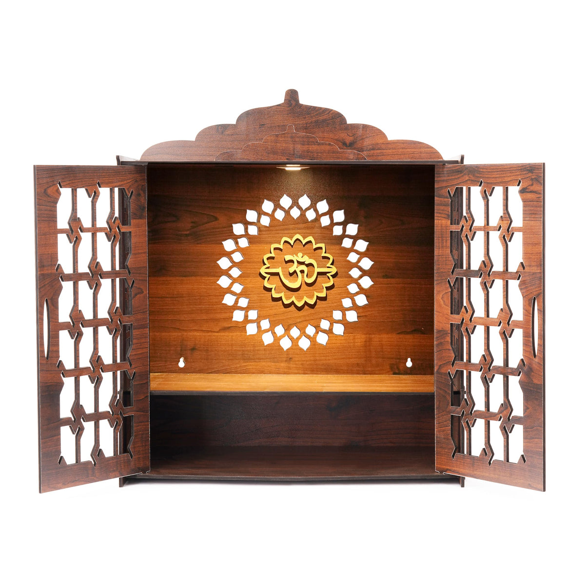 Pixie Daisy Wooden Wall Mounted Pooja Mandir with Jaali Doors | Home Temple with LED Light & Golden Om Design | Wooden Temple Cabinet for Home, Office & Gifting