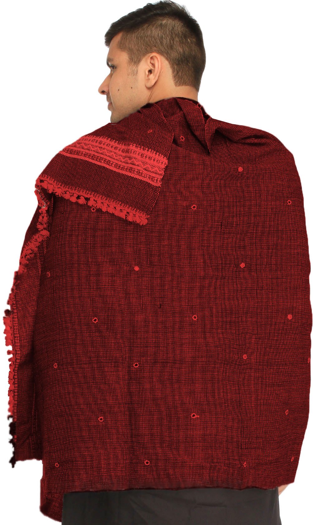 Exotic India Men's Kutch with Woven Border and Embroidered Mirrors Pure Wool Shawl (SWI77--black-and-red)