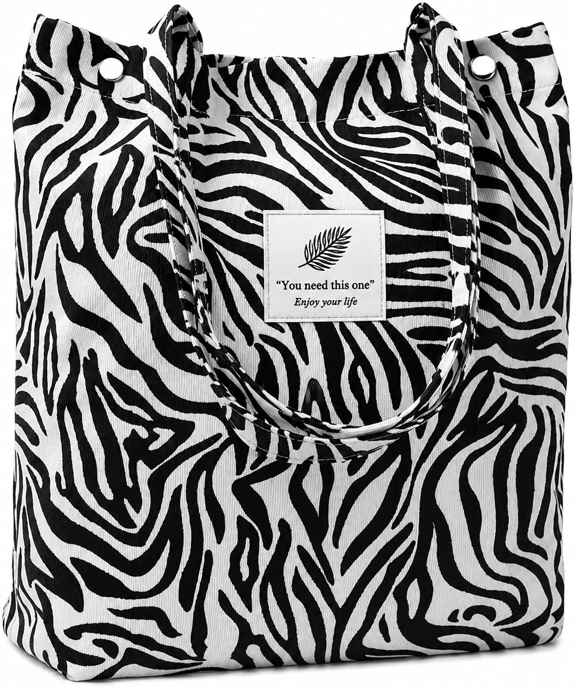 Kawn® Women Corduroy Tote Bag Canvas Shoulder Cord Purse Reusable Shopping Bag Grocery Bag Large Capacity Washable Handbag Girls Shoulder Bag with Inner Pocket For Daily Use Work Travel (Zebra)