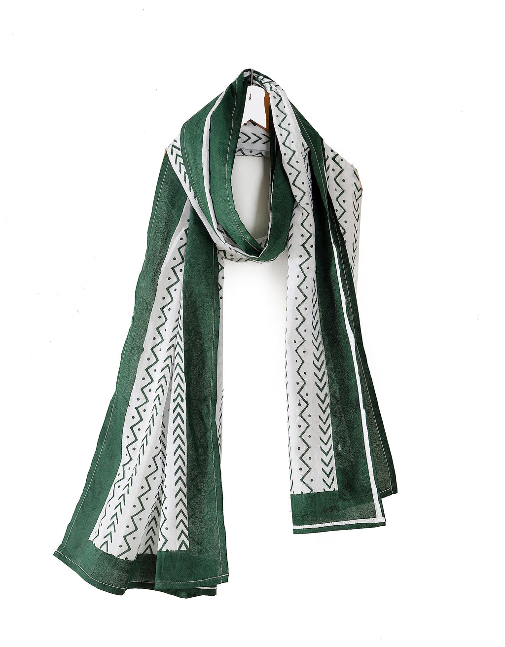 Ravaiyaa - Attitude is everything Hand Block Printed Cotton Long Stole Scarves Hijab Neck Wrap Scarf 71 X 21 Inch (White Green Waves), (female)