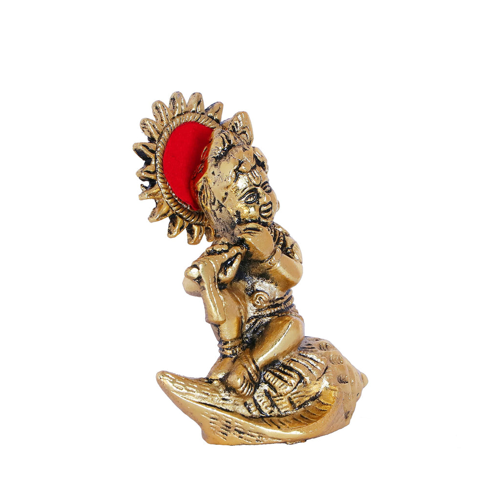 KridayKraft Lord Krishna On Shankh Metal Statue Bal Laddu Gopal Murti Playing Flute Decorative Showpiece for Pooja Room Home Office Decor Religious Idol Figurine for Study Table & Gifting Purpose