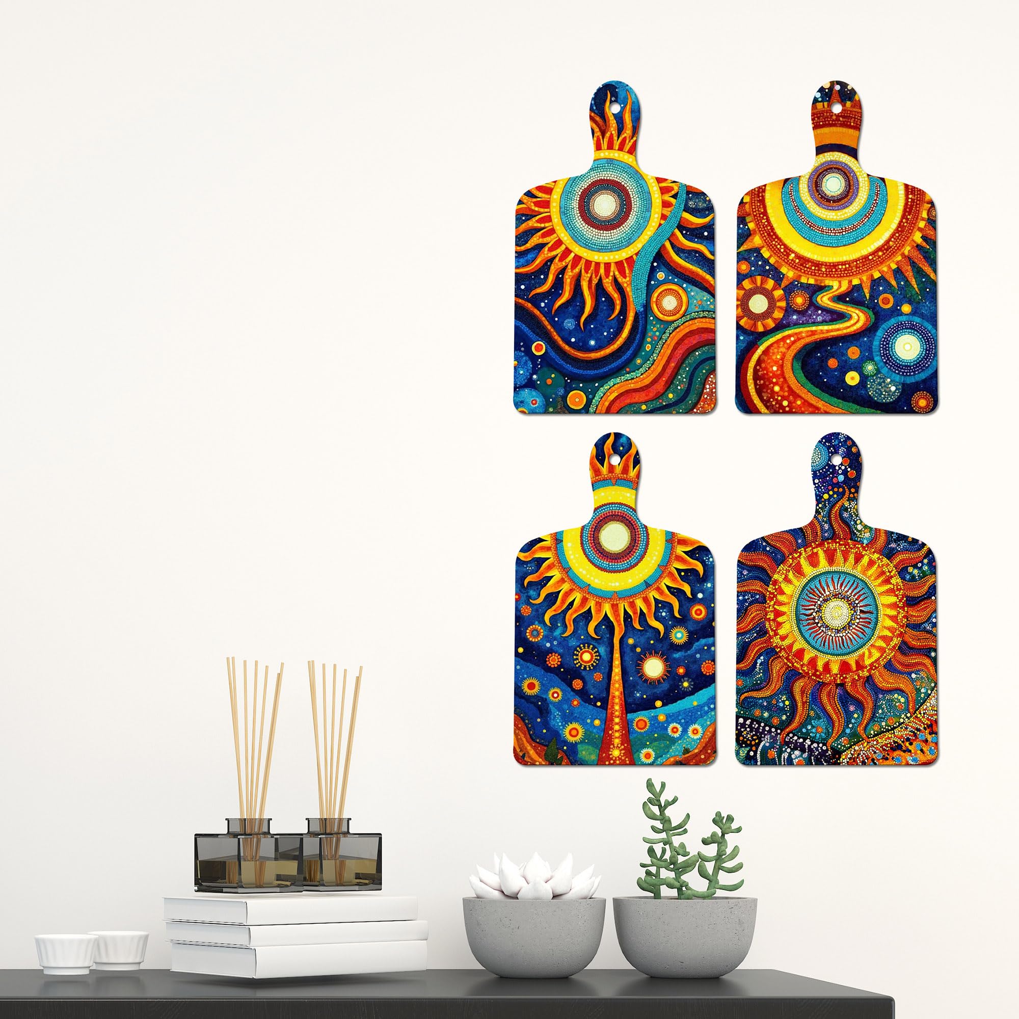 Artvibes Cosmic Sun & Galaxy Art Decorative Wall Art MDF Wooden Wall Hanger for Living Room | Festive Decor Art | Wall Sculpture | Scenery | Aesthetic Wooden Decor | Ideal Gifts (WH_5657N), Set of 4