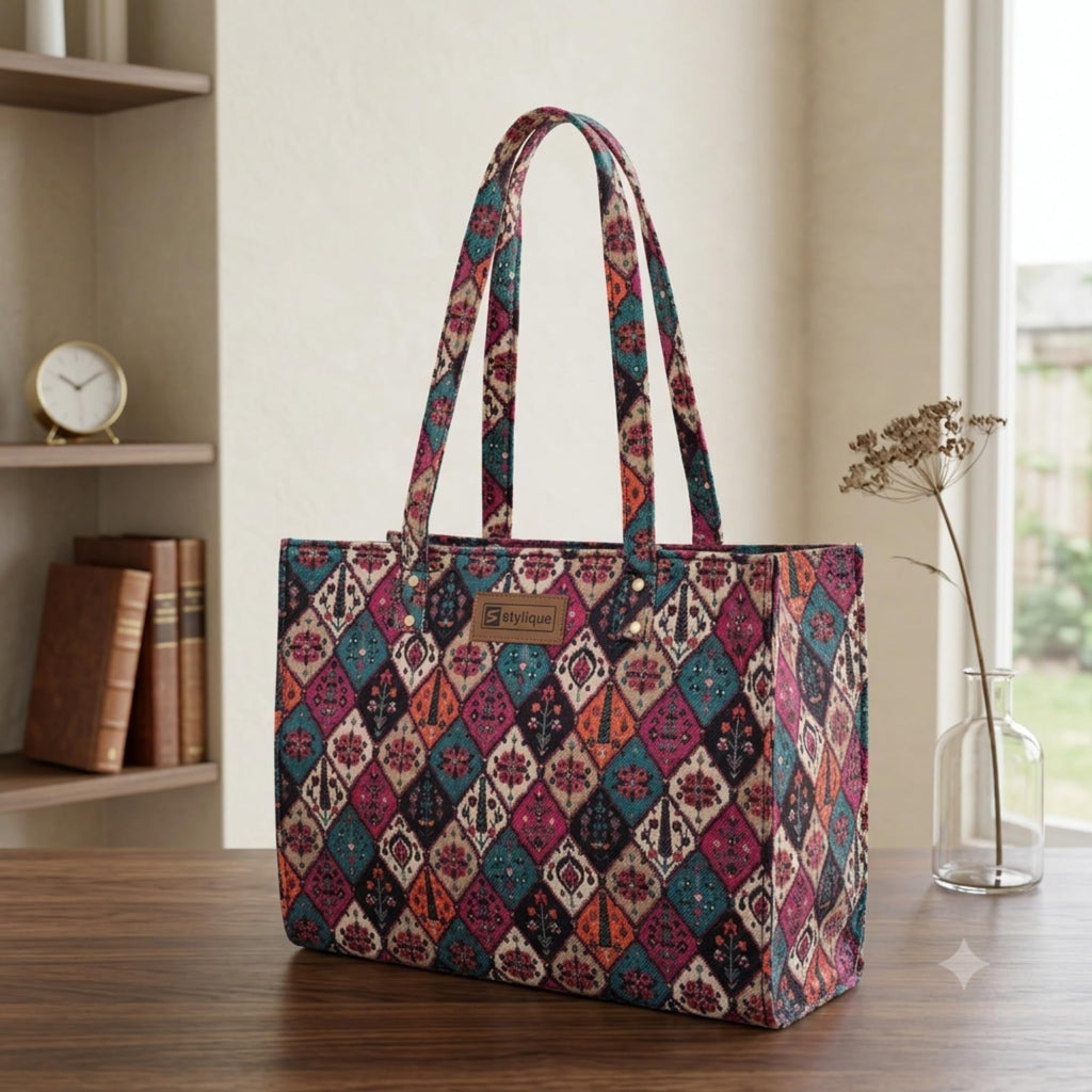 Stylique Women's Jute Tote Bag with Zip Closure — Large Laptop Handbag for Office, College & Travel | Eco-Friendly Cotton Canvas Shoulder Bag